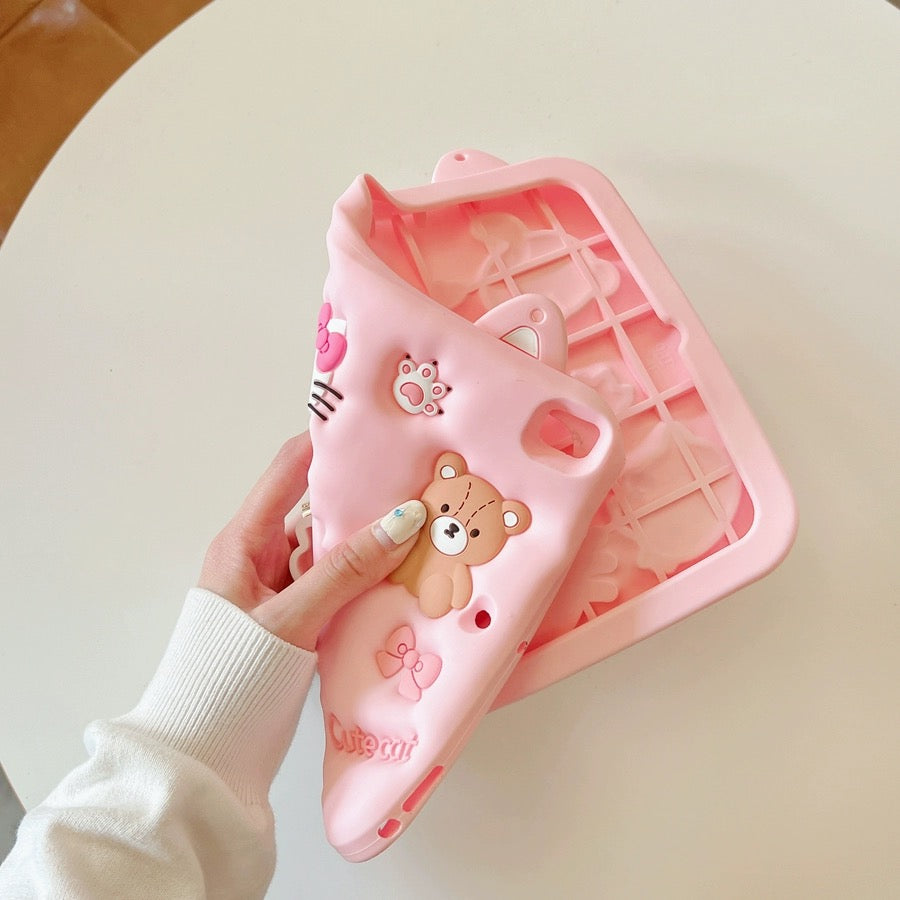 3D Hellokitty Cartoon Case for iPad Cute Soft Silicone Kickstand | Drop Proof | Shock Proof | Anti Slip | Back Stand Cover | for Kids Children Teens Girls Boys