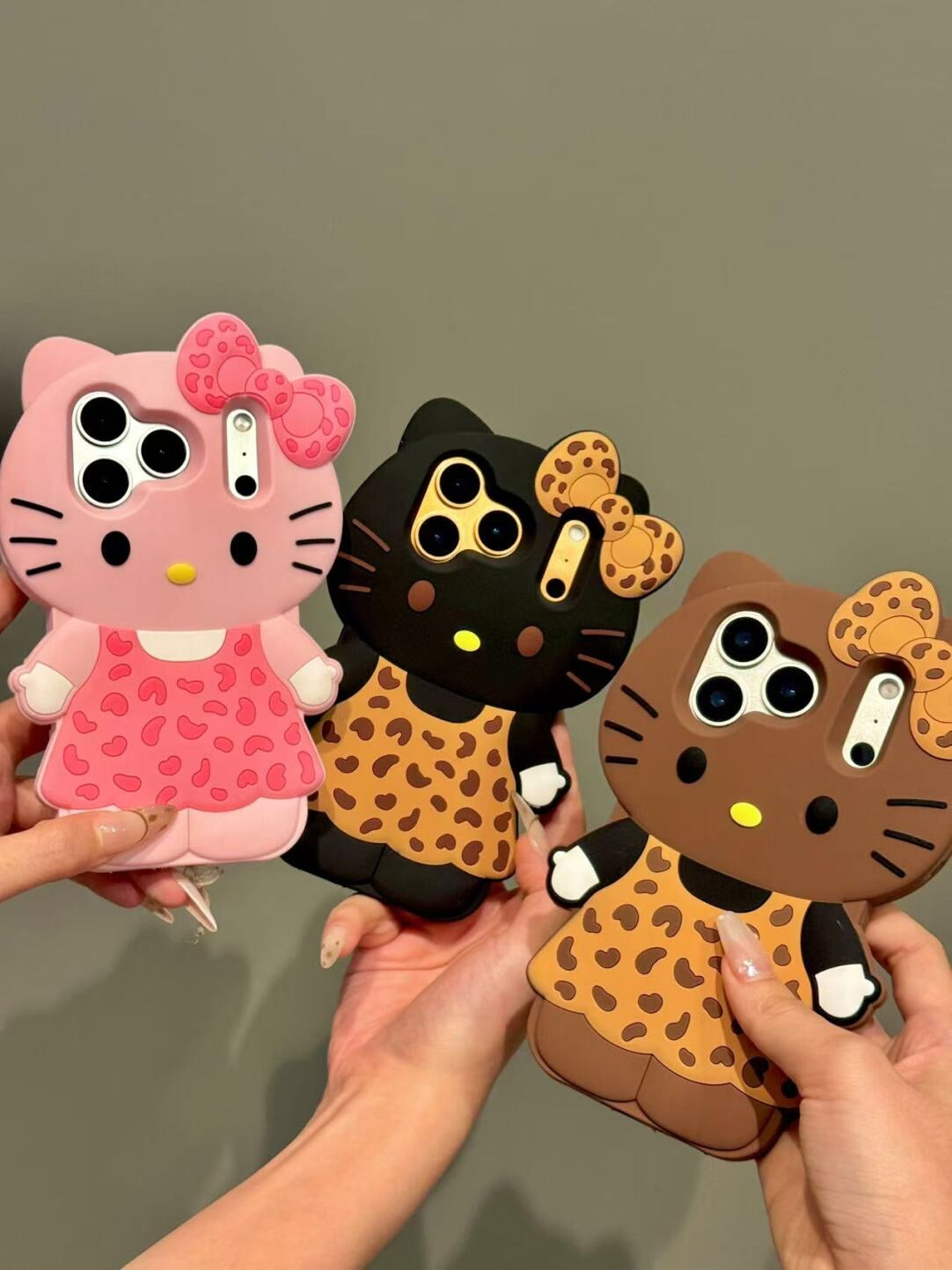 Leopard Print Hellokitty 3D Silicone Phone Case for iPhone 11 12 13 14 15 16 Plus 17 Pro Max 17 Air, Cartoon Cute Shockproof Protective Cover, Fashion Animal Pattern Soft TPU Case for Women Girls