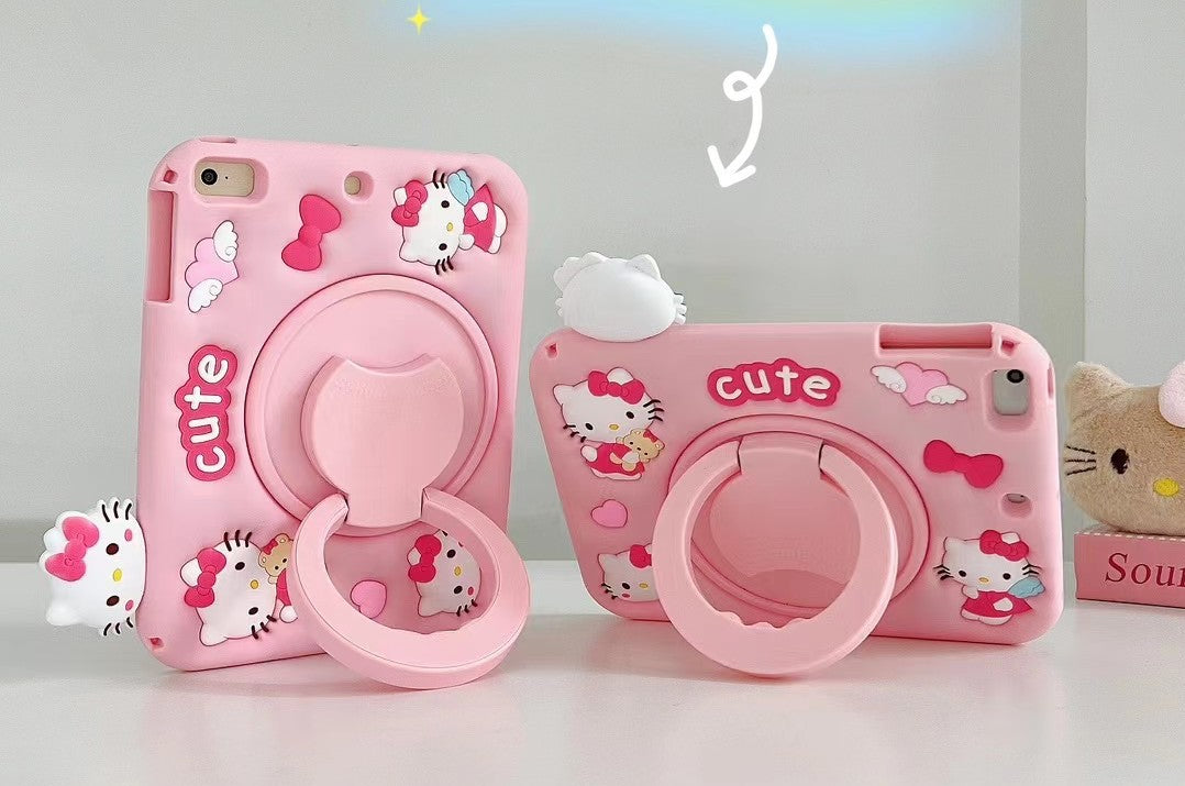 3D Cartoon Pink Hellokitty Silicone iPad Case for Kids - 360° Rotating Stand and Lanyard Perfect Fit for iPad 10.2" 9.7" 11"