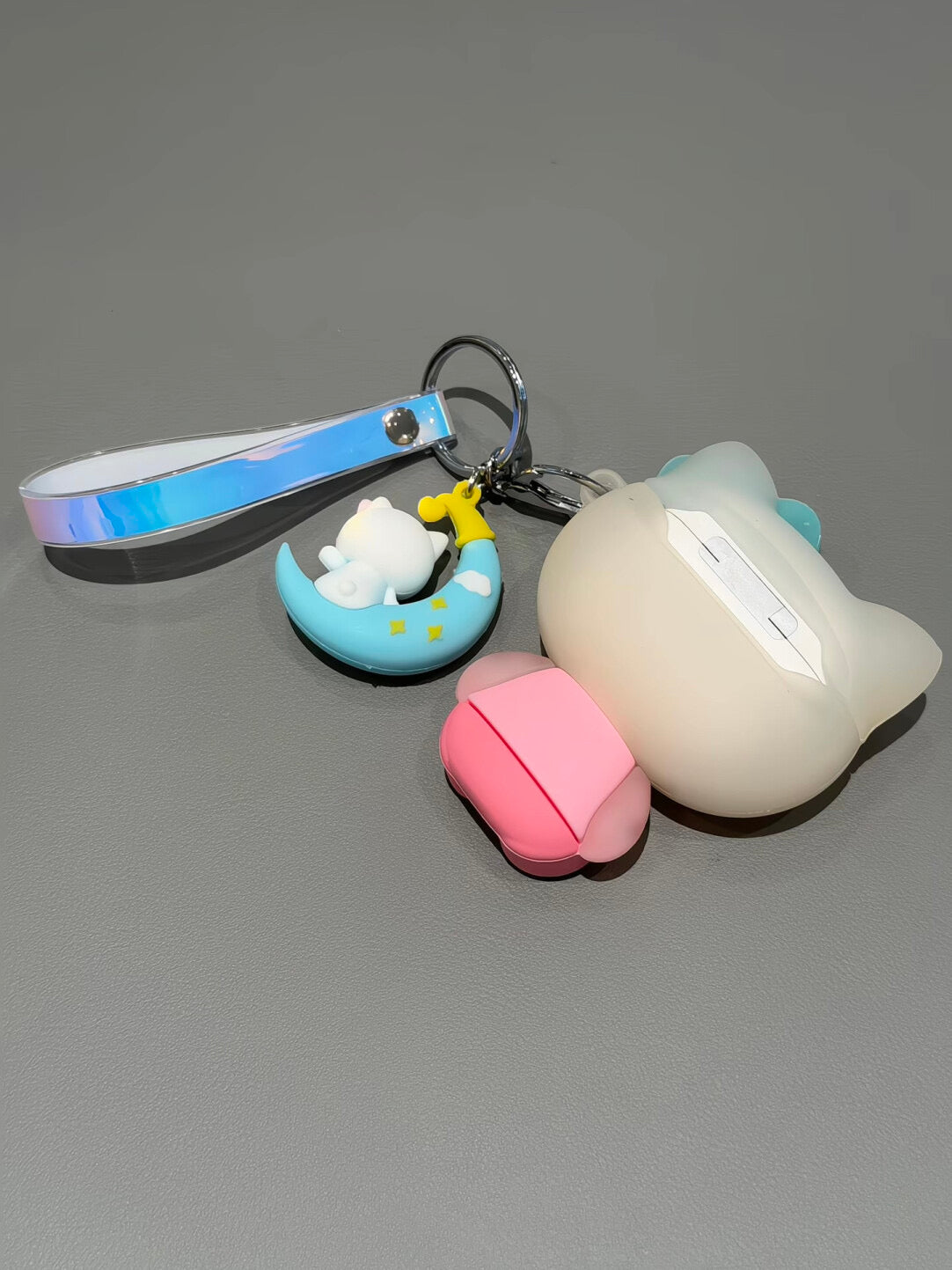 Cute Hellokitty 3D Silicone AirPods Case with Keychain, Cartoon Shockproof Protective Cover with Moon Pendant & Holographic Strap, Fun Airpods Case for Women Girls