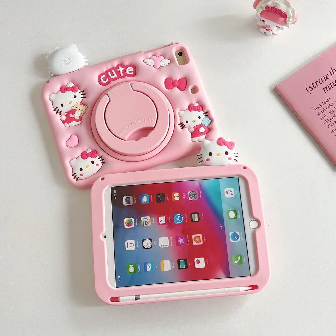 3D Cartoon Pink Hellokitty Silicone iPad Case for Kids - 360° Rotating Stand and Lanyard Perfect Fit for iPad 10.2" 9.7" 11"