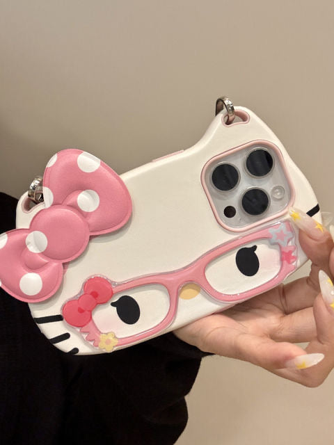Ins Style Kitty Big Face Pink Bowknot Polka Dot Lanyard Phone Case - Compatible with iPhone 16 Pro Max/15/14/13/15 Pro/16 Pro