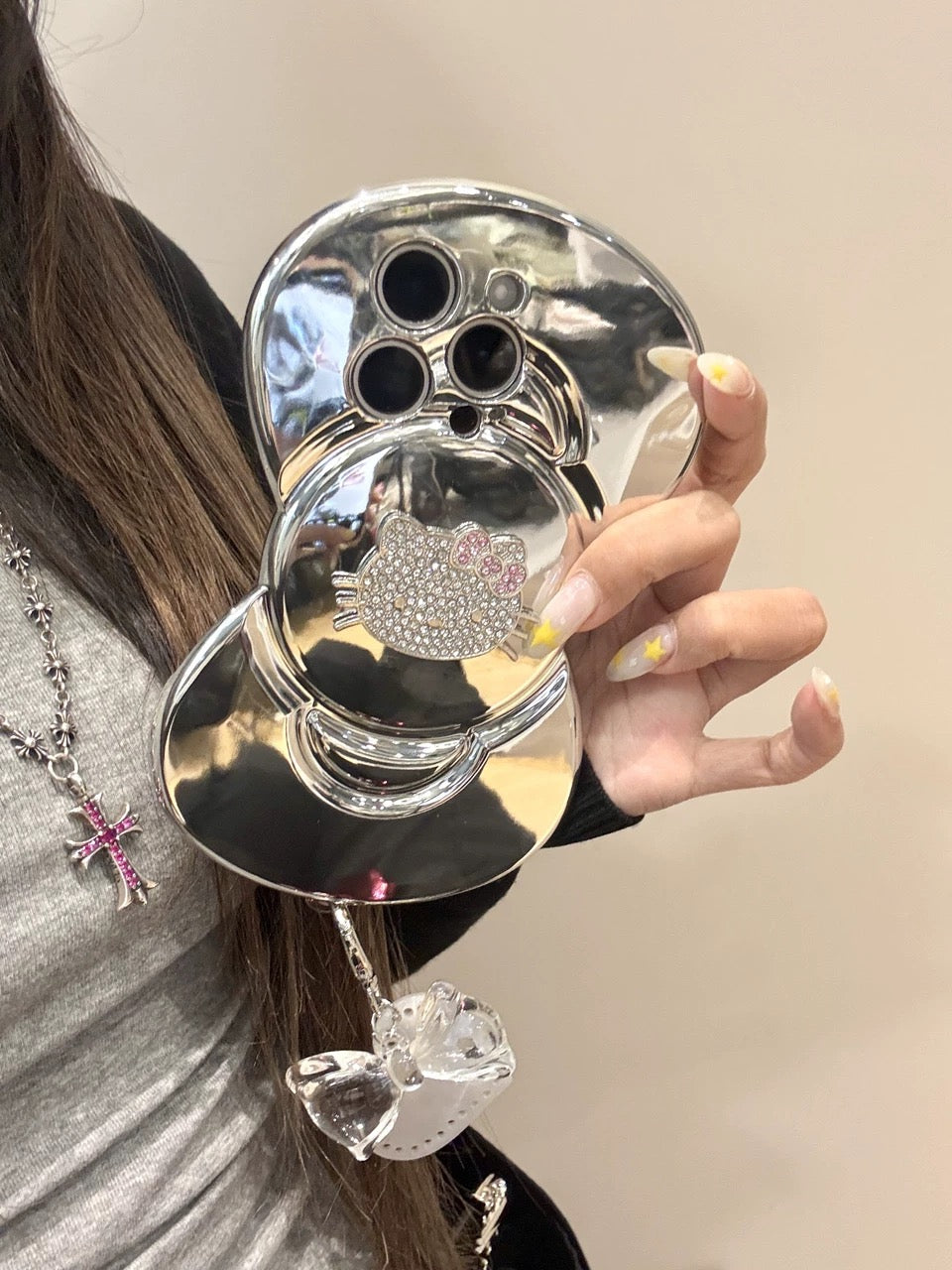 Electroplated Bling Big Bowknot Sparkling Rhinestone Adorable Hellokitty Phone Case for iPhone 16/15/14/13/12 Pro Max