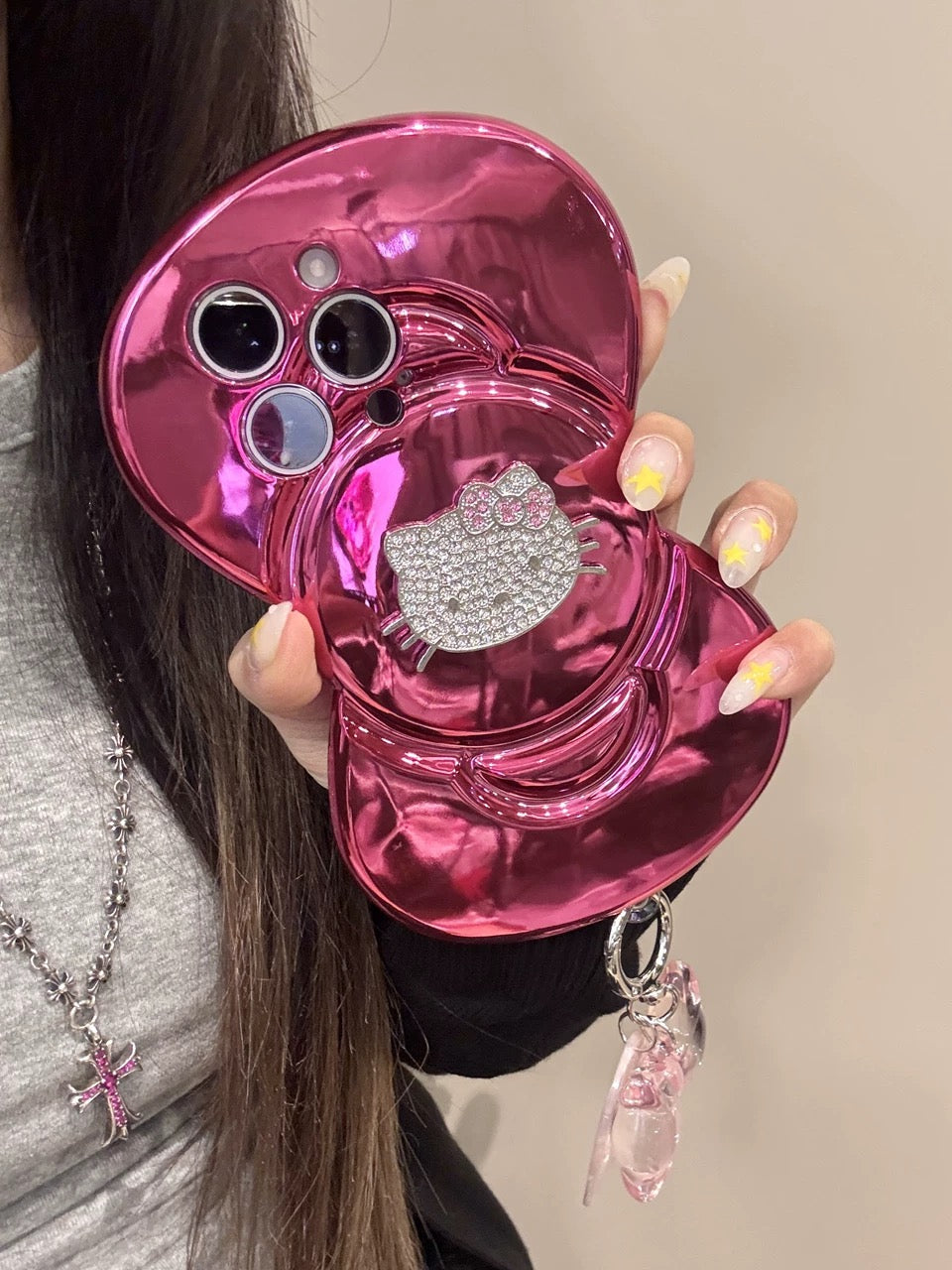 Electroplated Bling Big Bowknot Sparkling Rhinestone Adorable Hellokitty Phone Case for iPhone 16/15/14/13/12 Pro Max