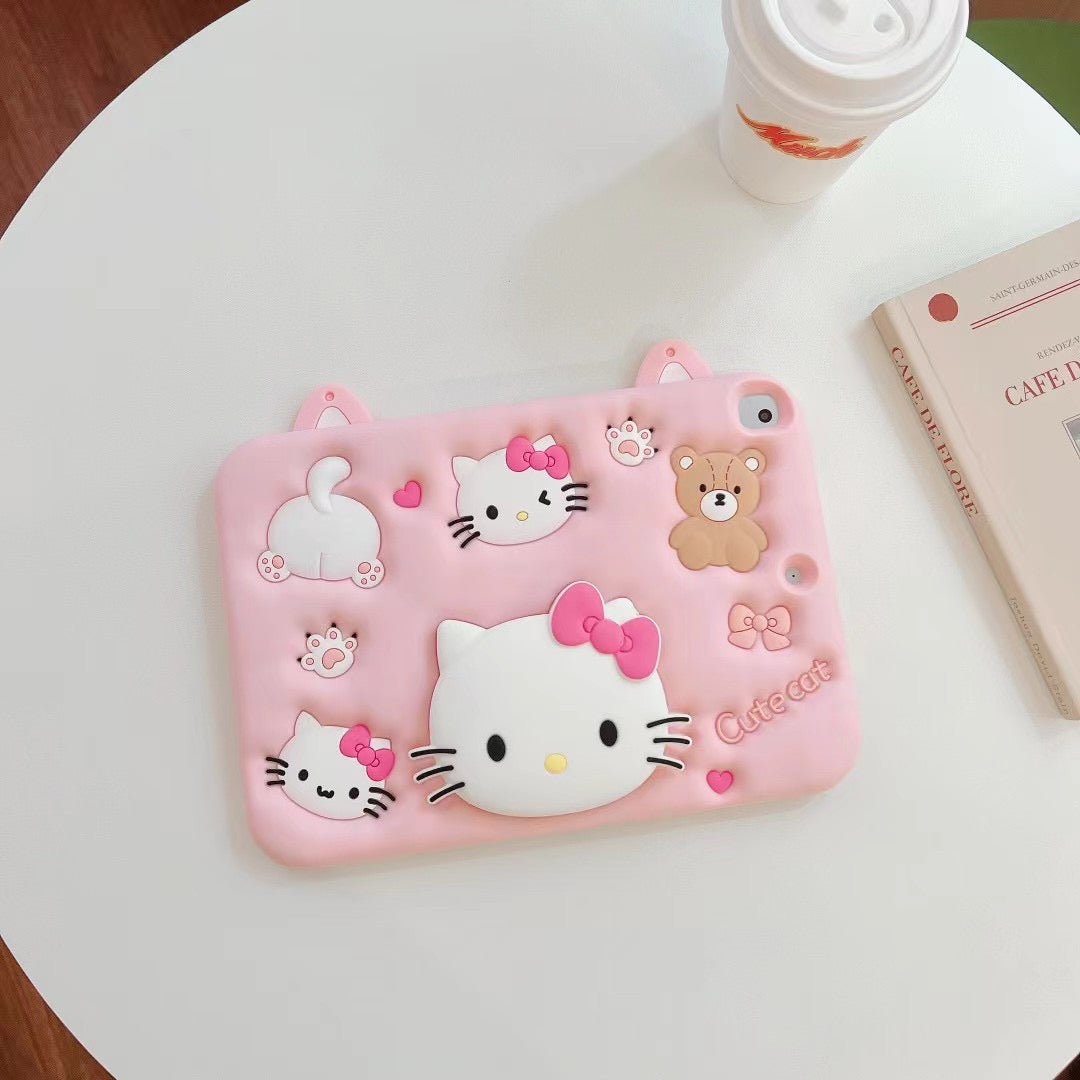 3D Hellokitty Cartoon Case for iPad Cute Soft Silicone Kickstand | Drop Proof | Shock Proof | Anti Slip | Back Stand Cover | for Kids Children Teens Girls Boys