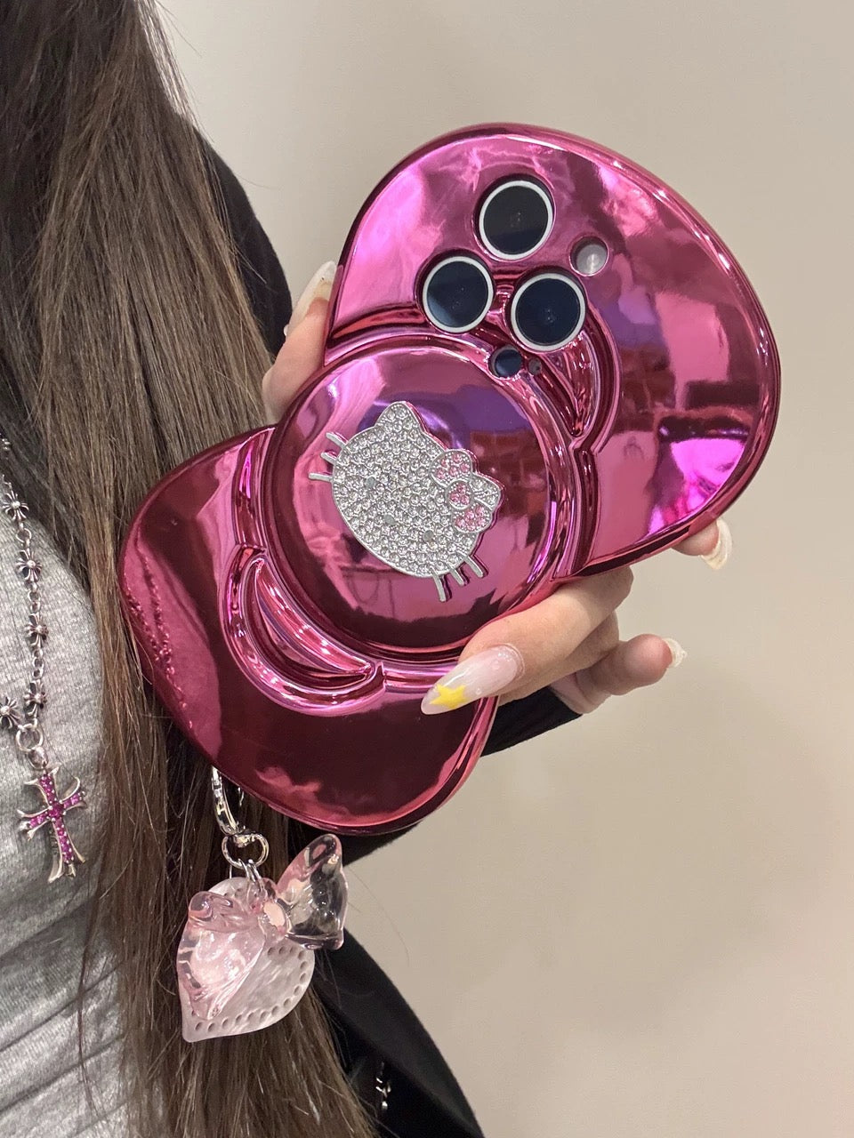 Electroplated Bling Big Bowknot Sparkling Rhinestone Adorable Hellokitty Phone Case for iPhone 16/15/14/13/12 Pro Max