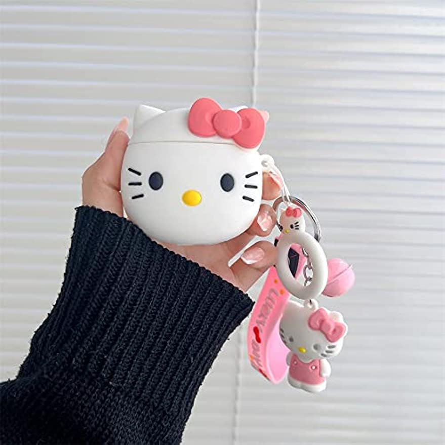 Cute Hellokitty Airpods Case,Kawaii 3D Cartoon Animals Full Protection Shockproof Soft Silicone Charging Case Cover with Keychain for Girl Women Kids