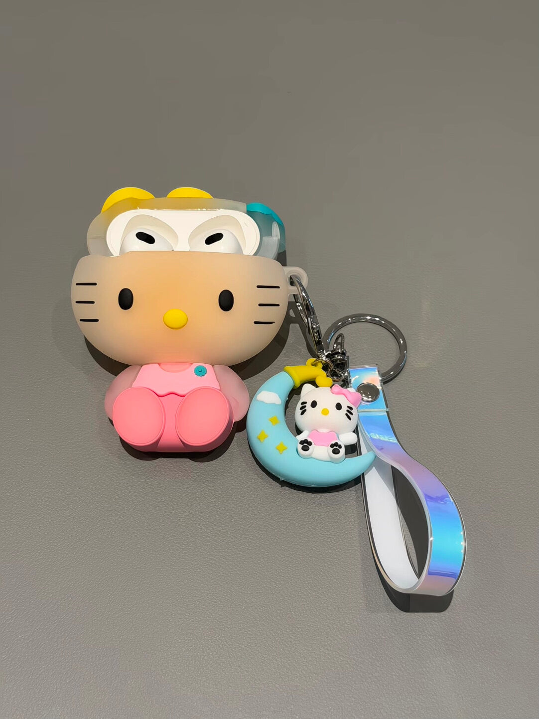 Cute Hellokitty 3D Silicone AirPods Case with Keychain, Cartoon Shockproof Protective Cover with Moon Pendant & Holographic Strap, Fun Airpods Case for Women Girls