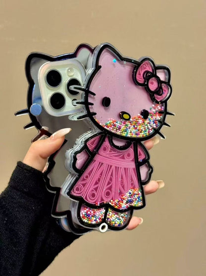 Cute Pink Hellokitty Mirror Lanyard Phone Case Filled with Colorful Beads | Kawaii Phone Accessory for Girls & Women