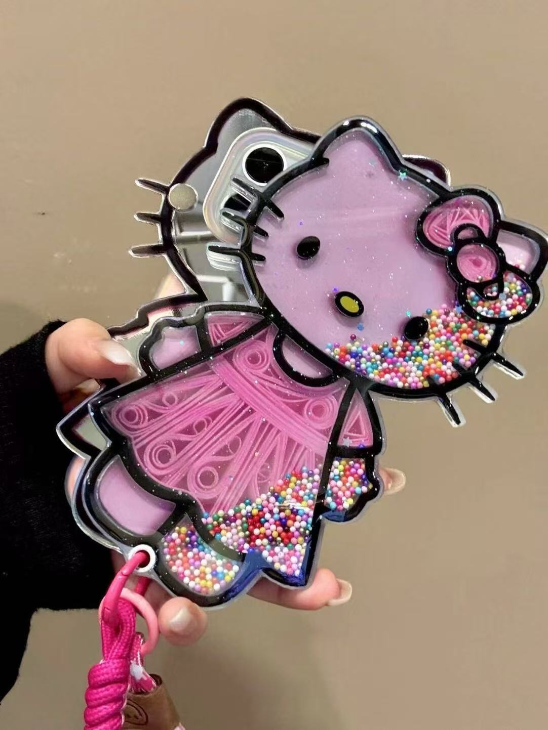 Cute Pink Hellokitty Mirror Lanyard Phone Case Filled with Colorful Beads | Kawaii Phone Accessory for Girls & Women