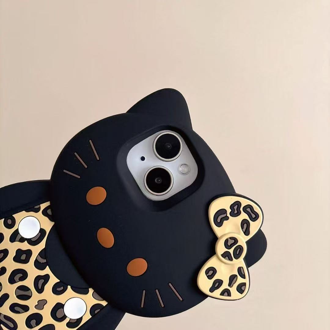 3D Kawaii Cartoon Leopard Print Hello Kitty Phone Case Soft Silicone Protective Gel Shockproof Back Cover for Kids Women Girls