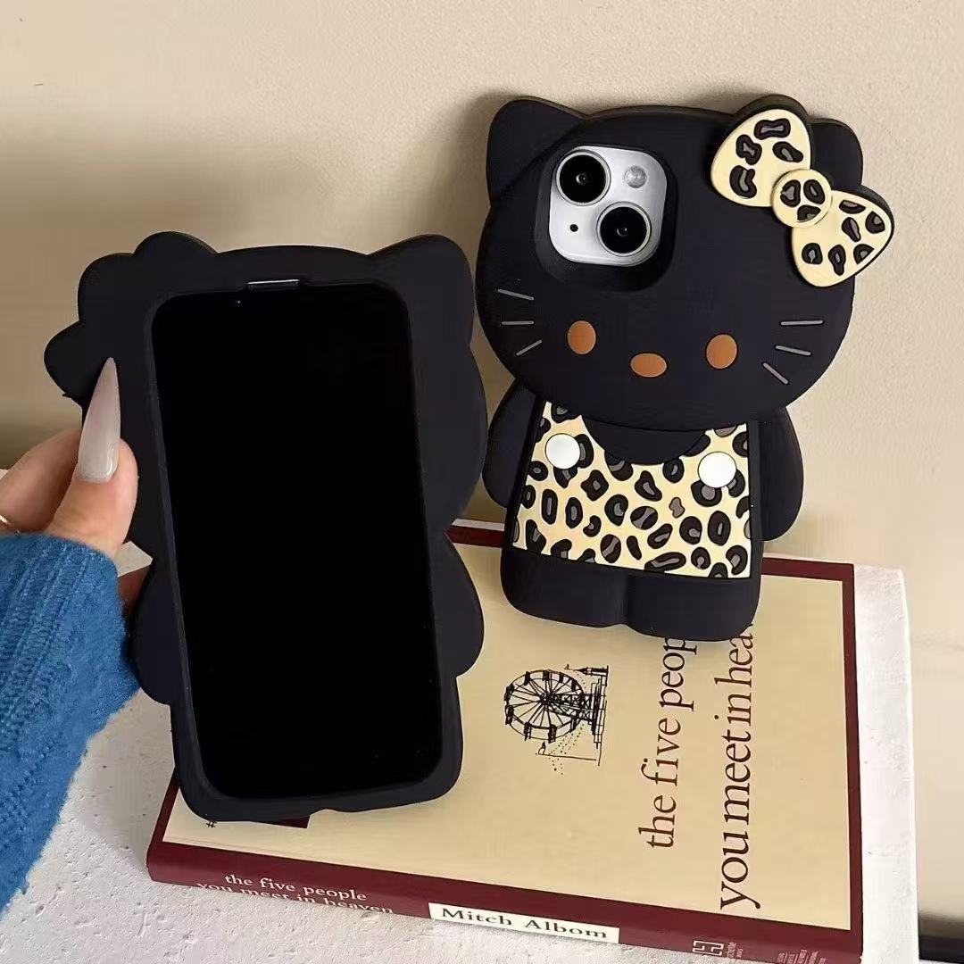 3D Kawaii Cartoon Leopard Print Hello Kitty Phone Case Soft Silicone Protective Gel Shockproof Back Cover for Kids Women Girls
