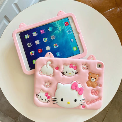 3D Hellokitty Cartoon Case for iPad Cute Soft Silicone Kickstand | Drop Proof | Shock Proof | Anti Slip | Back Stand Cover | for Kids Children Teens Girls Boys
