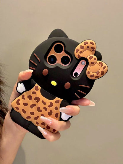 Leopard Print Hellokitty 3D Silicone Phone Case for iPhone 11 12 13 14 15 16 Plus 17 Pro Max 17 Air, Cartoon Cute Shockproof Protective Cover, Fashion Animal Pattern Soft TPU Case for Women Girls
