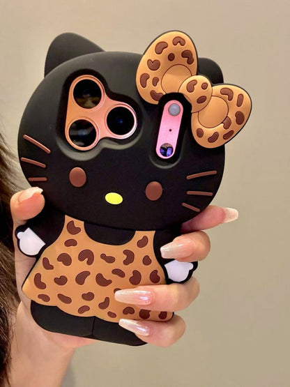 Leopard Print Hellokitty 3D Silicone Phone Case for iPhone 11 12 13 14 15 16 Plus 17 Pro Max 17 Air, Cartoon Cute Shockproof Protective Cover, Fashion Animal Pattern Soft TPU Case for Women Girls