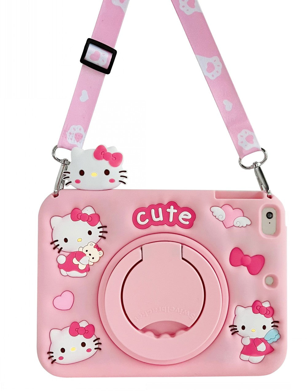 3D Cartoon Pink Hellokitty Silicone iPad Case for Kids - 360° Rotating Stand and Lanyard Perfect Fit for iPad 10.2" 9.7" 11"