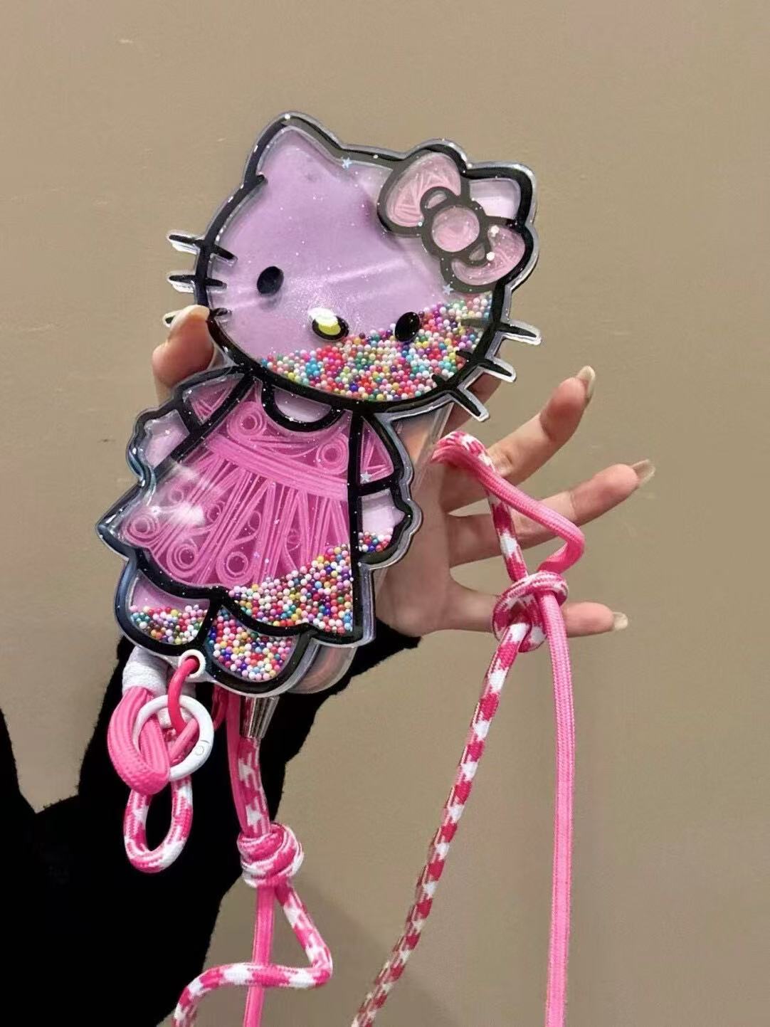 Cute Pink Hellokitty Mirror Lanyard Phone Case Filled with Colorful Beads | Kawaii Phone Accessory for Girls & Women