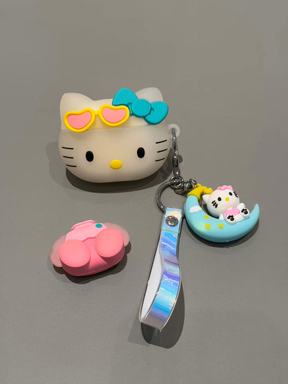 Cute Hellokitty 3D Silicone AirPods Case with Keychain, Cartoon Shockproof Protective Cover with Moon Pendant & Holographic Strap, Fun Airpods Case for Women Girls
