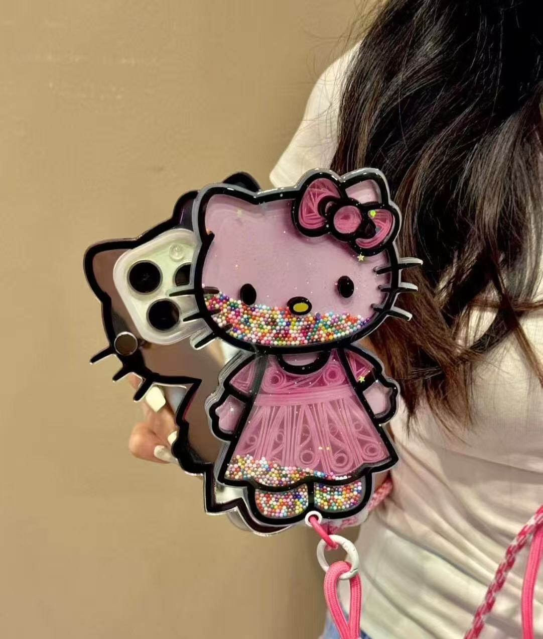 Cute Pink Hellokitty Mirror Lanyard Phone Case Filled with Colorful Beads | Kawaii Phone Accessory for Girls & Women