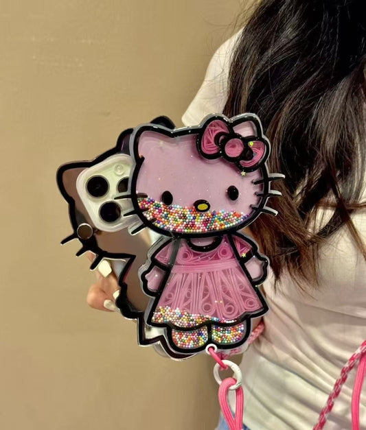 Cute Pink Hellokitty Mirror Lanyard Phone Case Filled with Colorful Beads | Kawaii Phone Accessory for Girls & Women