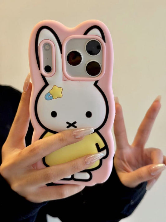 Cute Miffy Rabbit 3D Silicone Phone Case for iPhone 13 14 15 Plus 16 17 Pro Max 17 Air , Cartoon Animal Shockproof Protective Cover with Fun Design, Pink Soft TPU Case for Women Girls