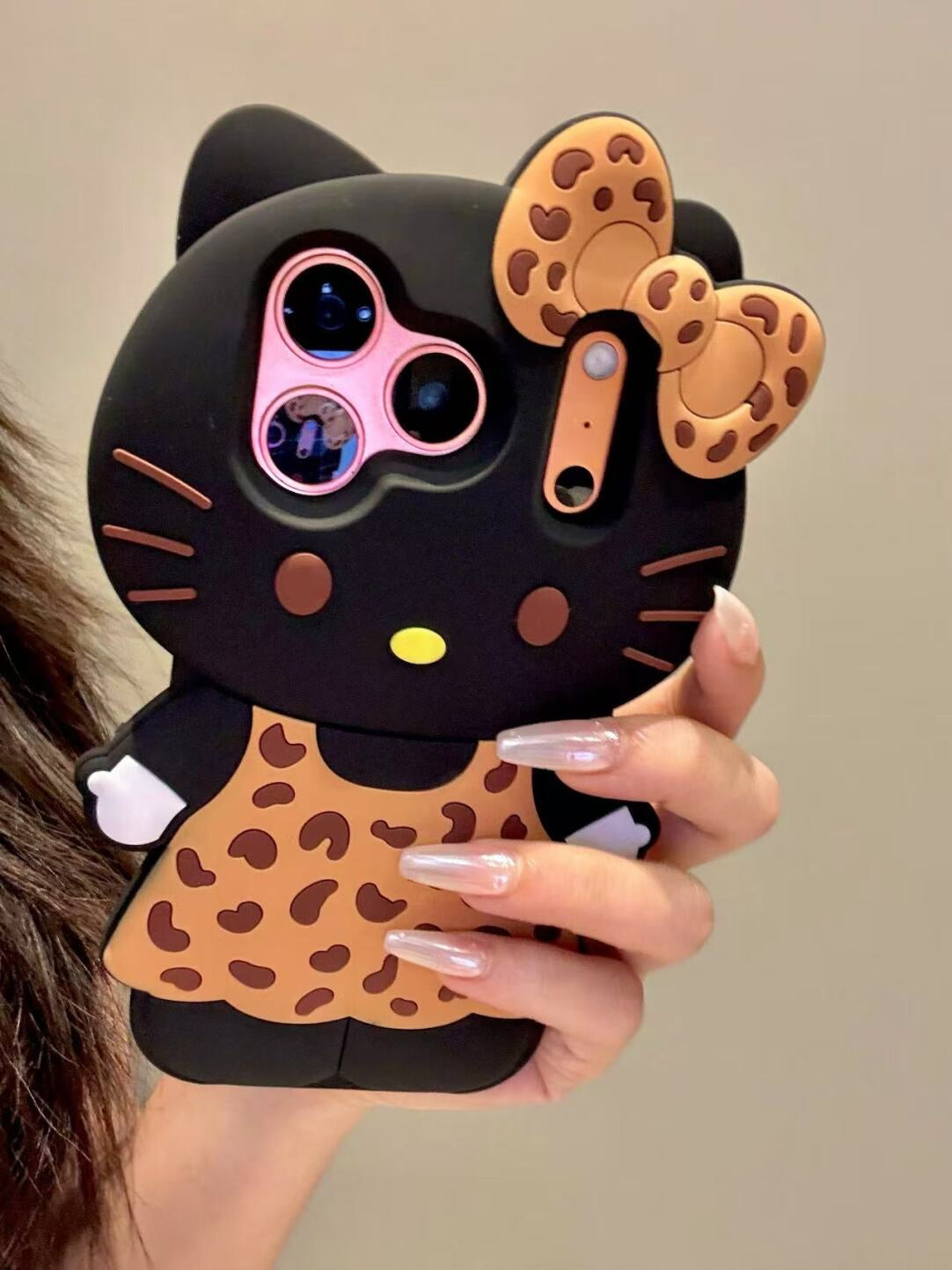 Leopard Print Hellokitty 3D Silicone Phone Case for iPhone 11 12 13 14 15 16 Plus 17 Pro Max 17 Air, Cartoon Cute Shockproof Protective Cover, Fashion Animal Pattern Soft TPU Case for Women Girls