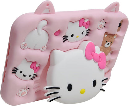 3D Hellokitty Cartoon Case for iPad Cute Soft Silicone Kickstand | Drop Proof | Shock Proof | Anti Slip | Back Stand Cover | for Kids Children Teens Girls Boys