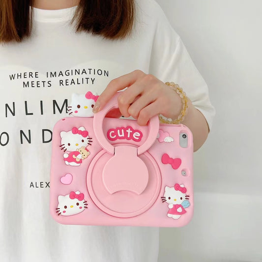 3D Cartoon Pink Hellokitty Silicone iPad Case for Kids - 360° Rotating Stand and Lanyard Perfect Fit for iPad 10.2" 9.7" 11"