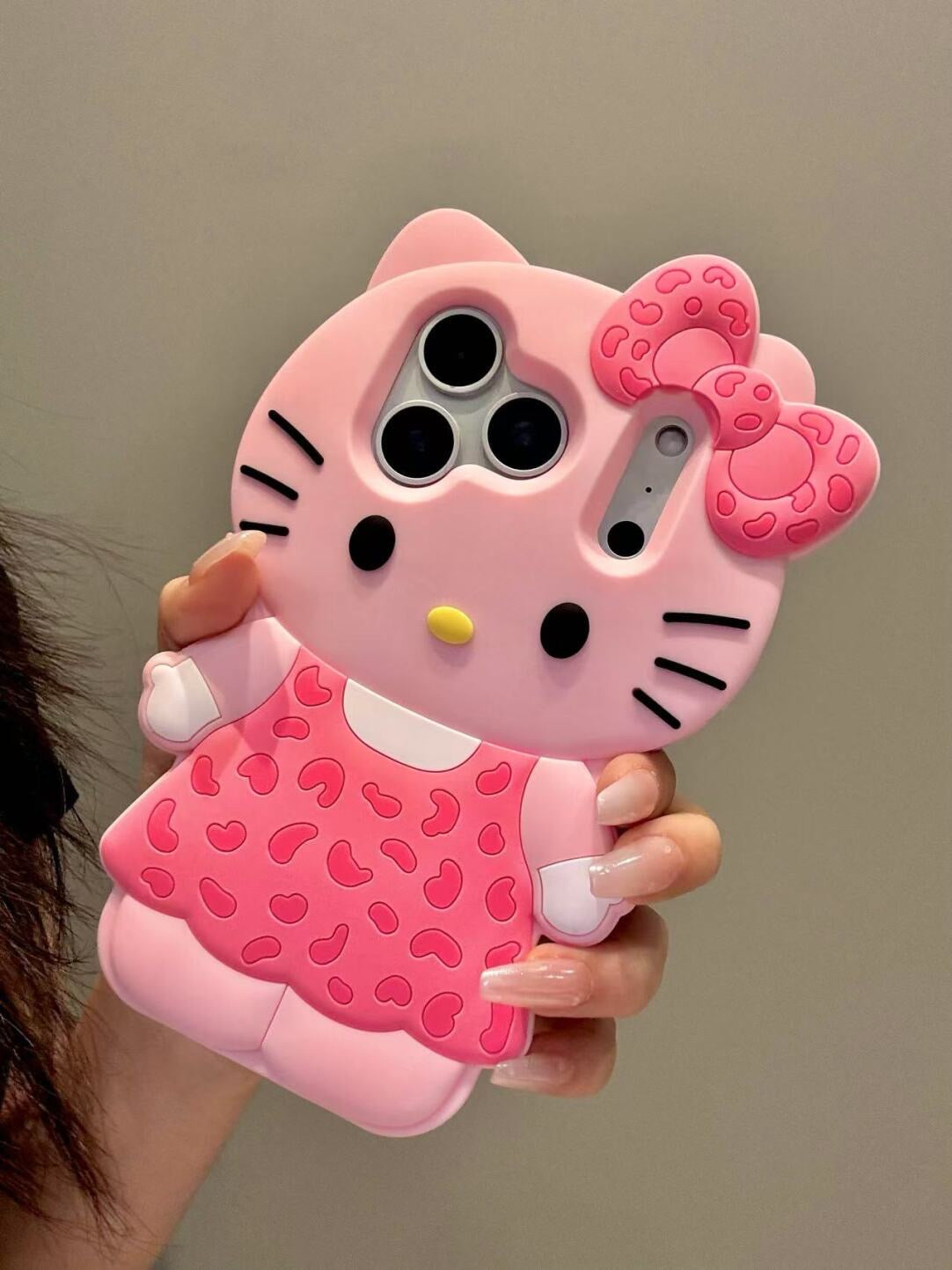Leopard Print Hellokitty 3D Silicone Phone Case for iPhone 11 12 13 14 15 16 Plus 17 Pro Max 17 Air, Cartoon Cute Shockproof Protective Cover, Fashion Animal Pattern Soft TPU Case for Women Girls