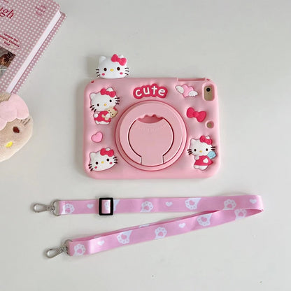 3D Cartoon Pink Hellokitty Silicone iPad Case for Kids - 360° Rotating Stand and Lanyard Perfect Fit for iPad 10.2" 9.7" 11"