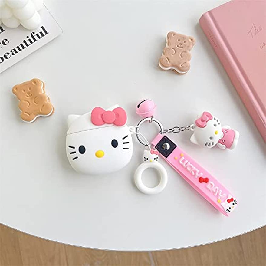 Cute Hellokitty Airpods Case,Kawaii 3D Cartoon Animals Full Protection Shockproof Soft Silicone Charging Case Cover with Keychain for Girl Women Kids