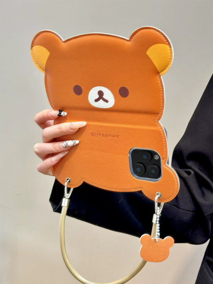Cute Rilakkuma Bear Phone Case, 3D Cartoon Animal Shaped Leather Phone Cover with Strap, Unique Kawaii Phone Accessory