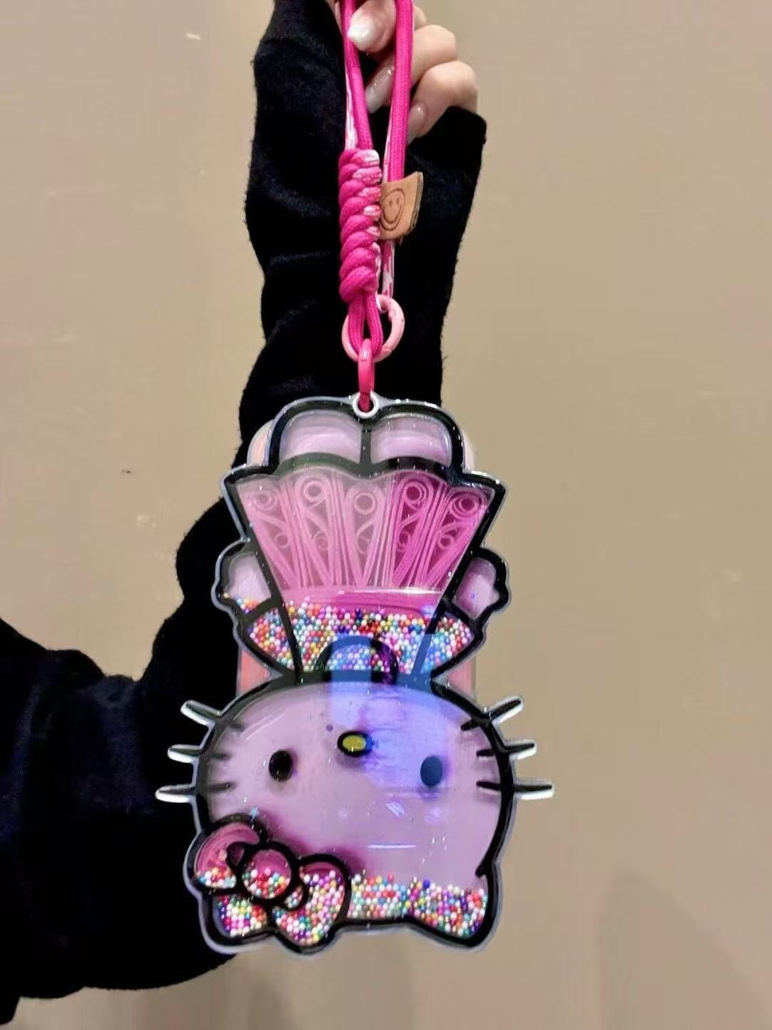 Cute Pink Hellokitty Mirror Lanyard Phone Case Filled with Colorful Beads | Kawaii Phone Accessory for Girls & Women