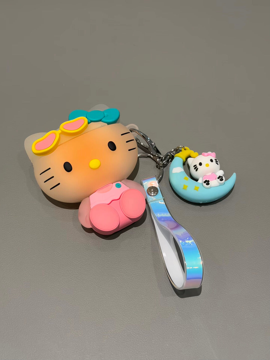 Cute Hellokitty 3D Silicone AirPods Case with Keychain, Cartoon Shockproof Protective Cover with Moon Pendant & Holographic Strap, Fun Airpods Case for Women Girls