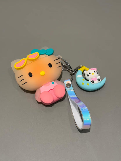 Cute Hellokitty 3D Silicone AirPods Case with Keychain, Cartoon Shockproof Protective Cover with Moon Pendant & Holographic Strap, Fun Airpods Case for Women Girls