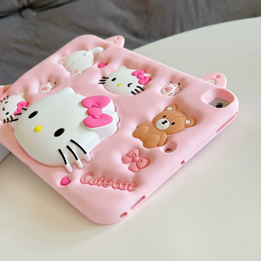 3D Hellokitty Cartoon Case for iPad Cute Soft Silicone Kickstand | Drop Proof | Shock Proof | Anti Slip | Back Stand Cover | for Kids Children Teens Girls Boys