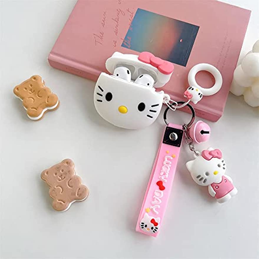 Cute Hellokitty Airpods Case,Kawaii 3D Cartoon Animals Full Protection Shockproof Soft Silicone Charging Case Cover with Keychain for Girl Women Kids