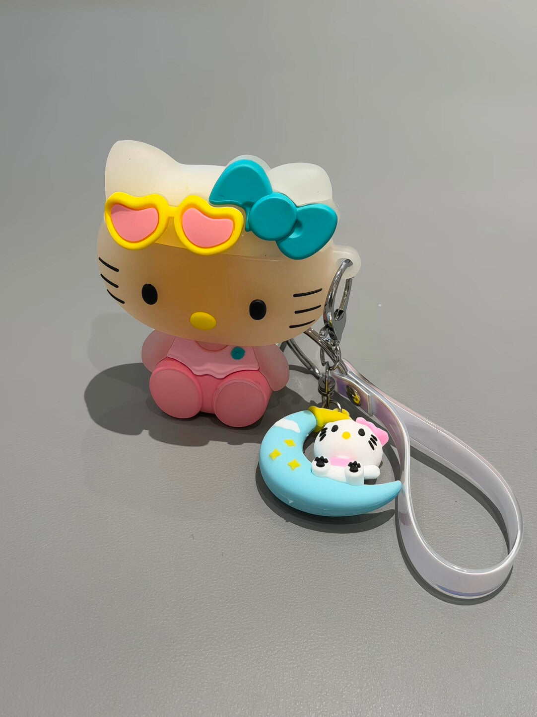 Cute Hellokitty 3D Silicone AirPods Case with Keychain, Cartoon Shockproof Protective Cover with Moon Pendant & Holographic Strap, Fun Airpods Case for Women Girls
