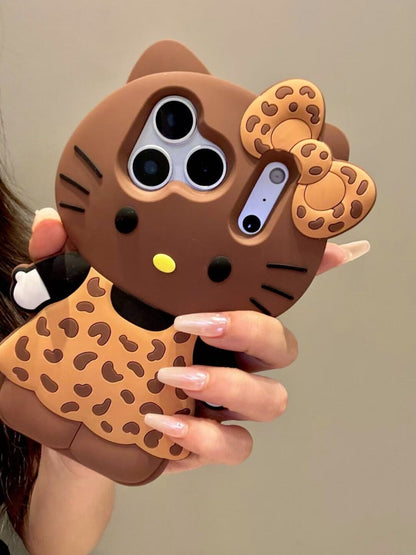 Leopard Print Hellokitty 3D Silicone Phone Case for iPhone 11 12 13 14 15 16 Plus 17 Pro Max 17 Air, Cartoon Cute Shockproof Protective Cover, Fashion Animal Pattern Soft TPU Case for Women Girls