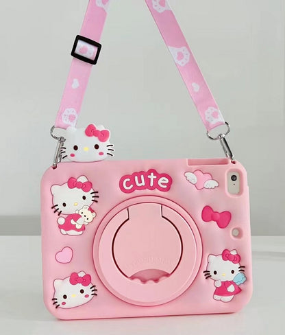 3D Cartoon Pink Hellokitty Silicone iPad Case for Kids - 360° Rotating Stand and Lanyard Perfect Fit for iPad 10.2" 9.7" 11"