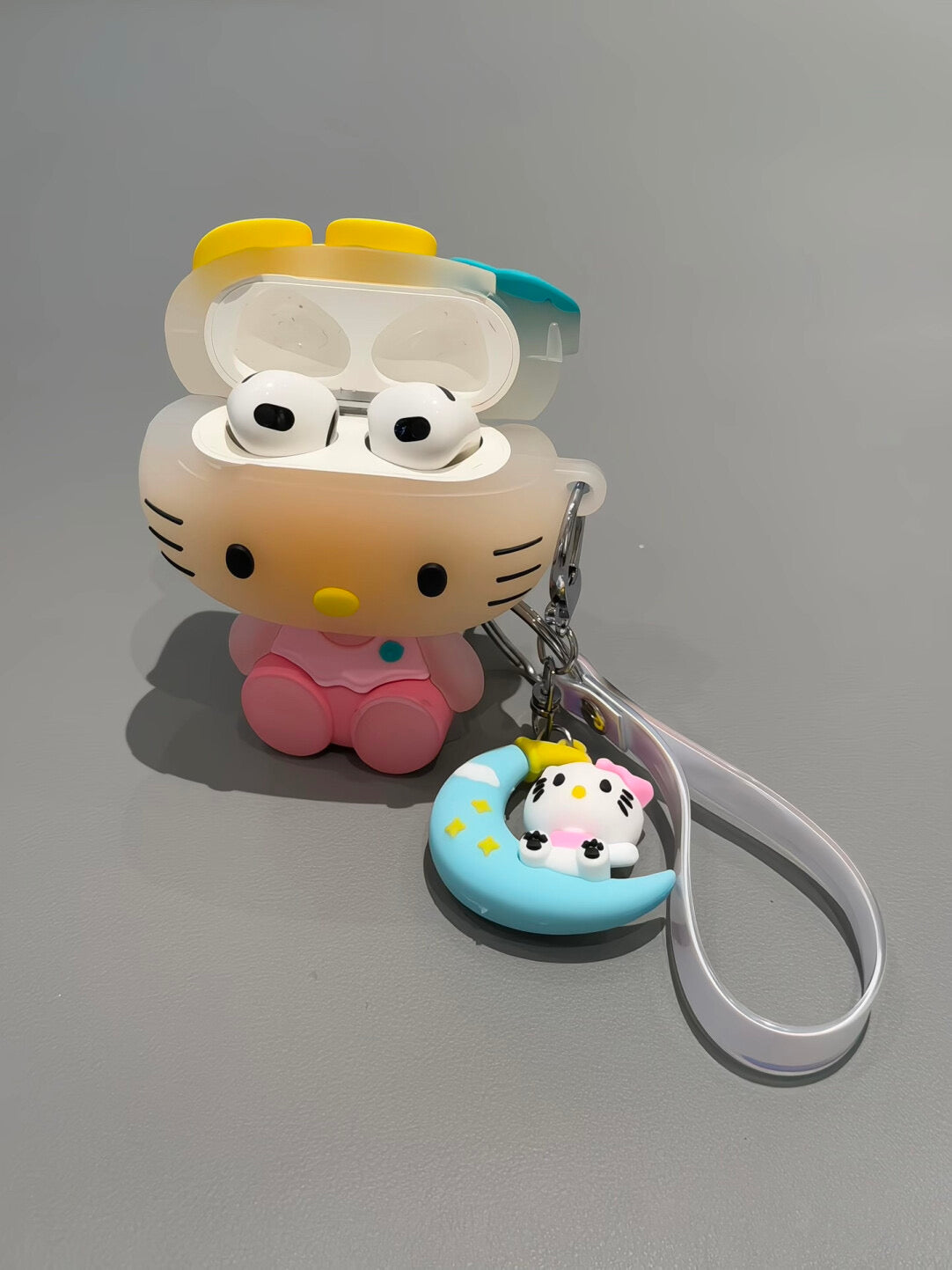 Cute Hellokitty 3D Silicone AirPods Case with Keychain, Cartoon Shockproof Protective Cover with Moon Pendant & Holographic Strap, Fun Airpods Case for Women Girls