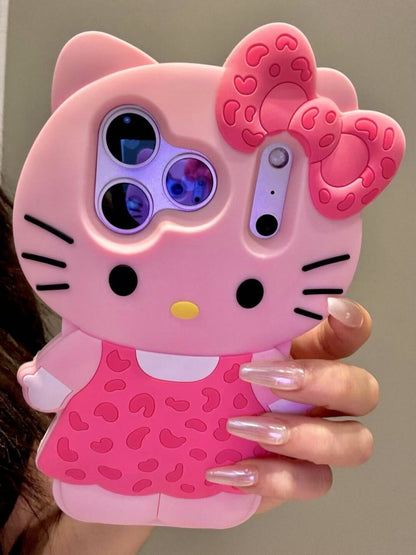 Leopard Print Hellokitty 3D Silicone Phone Case for iPhone 11 12 13 14 15 16 Plus 17 Pro Max 17 Air, Cartoon Cute Shockproof Protective Cover, Fashion Animal Pattern Soft TPU Case for Women Girls