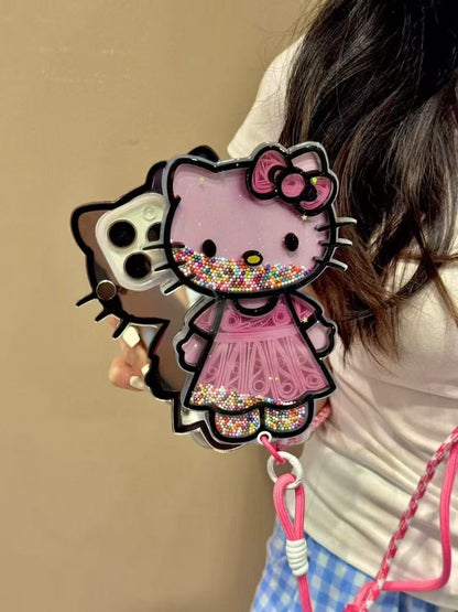 Cute Pink Hellokitty Mirror Lanyard Phone Case Filled with Colorful Beads | Kawaii Phone Accessory for Girls & Women