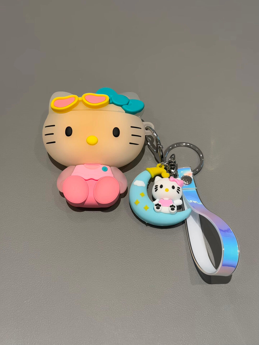 Cute Hellokitty 3D Silicone AirPods Case with Keychain, Cartoon Shockproof Protective Cover with Moon Pendant & Holographic Strap, Fun Airpods Case for Women Girls