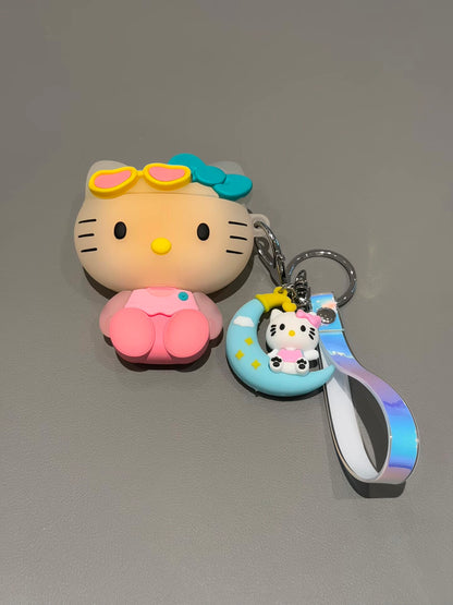 Cute Hellokitty 3D Silicone AirPods Case with Keychain, Cartoon Shockproof Protective Cover with Moon Pendant & Holographic Strap, Fun Airpods Case for Women Girls