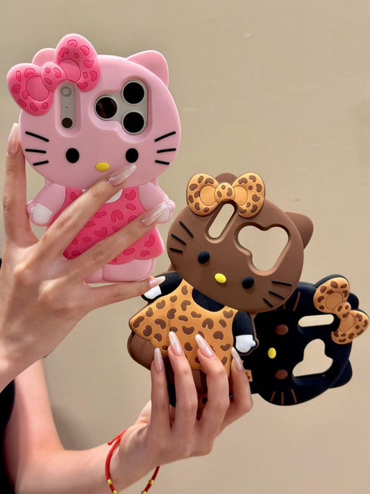 Leopard Print Hellokitty 3D Silicone Phone Case for iPhone 11 12 13 14 15 16 Plus 17 Pro Max 17 Air, Cartoon Cute Shockproof Protective Cover, Fashion Animal Pattern Soft TPU Case for Women Girls